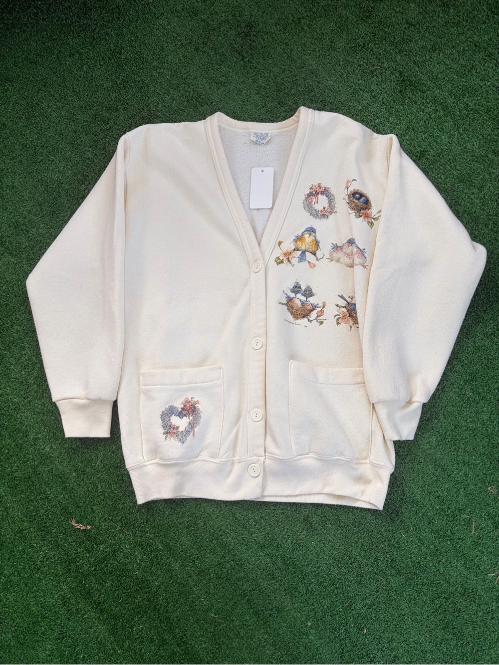 Active USA Cream Button-Up Cardigan with Bird & Wreath Embroidery